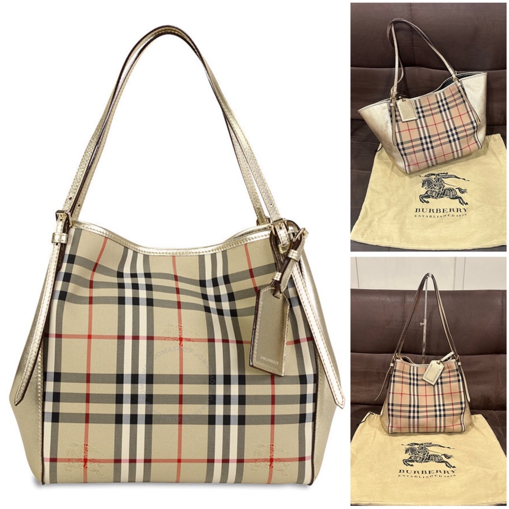💯 Authentic RARE Burberry Canterbury Horseferry Check Tote Gold Purse Handbag